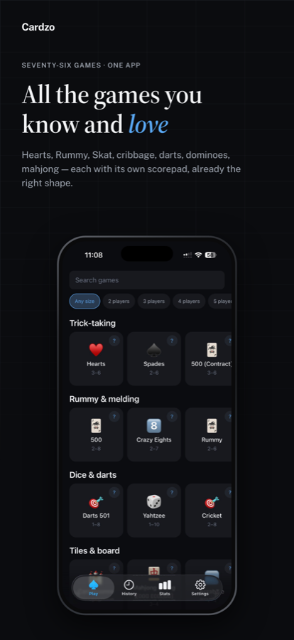 Cardzo game catalog screen