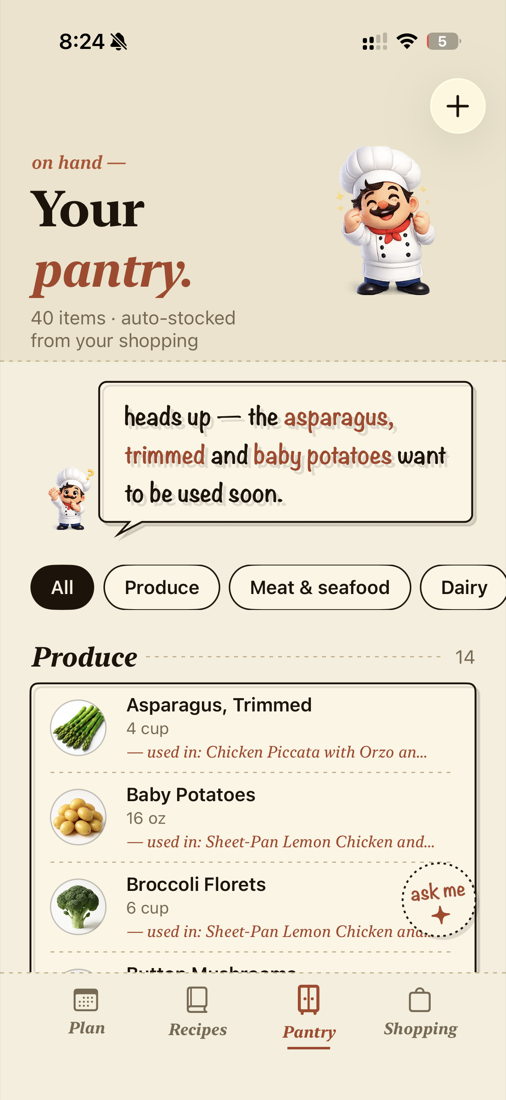 Chef Gaston pantry screen with expiry warnings