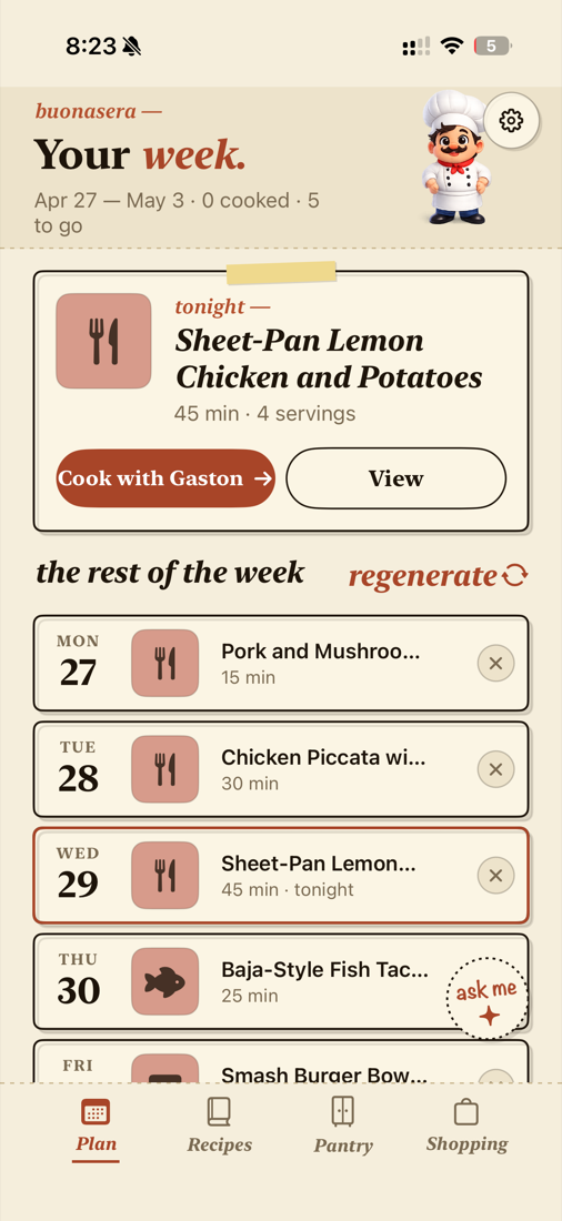 Chef Gaston weekly meal plan screen