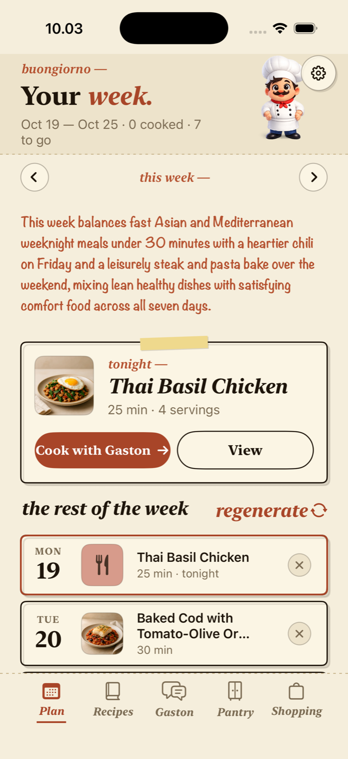 Chef Gaston weekly meal plan with tonight's dinner