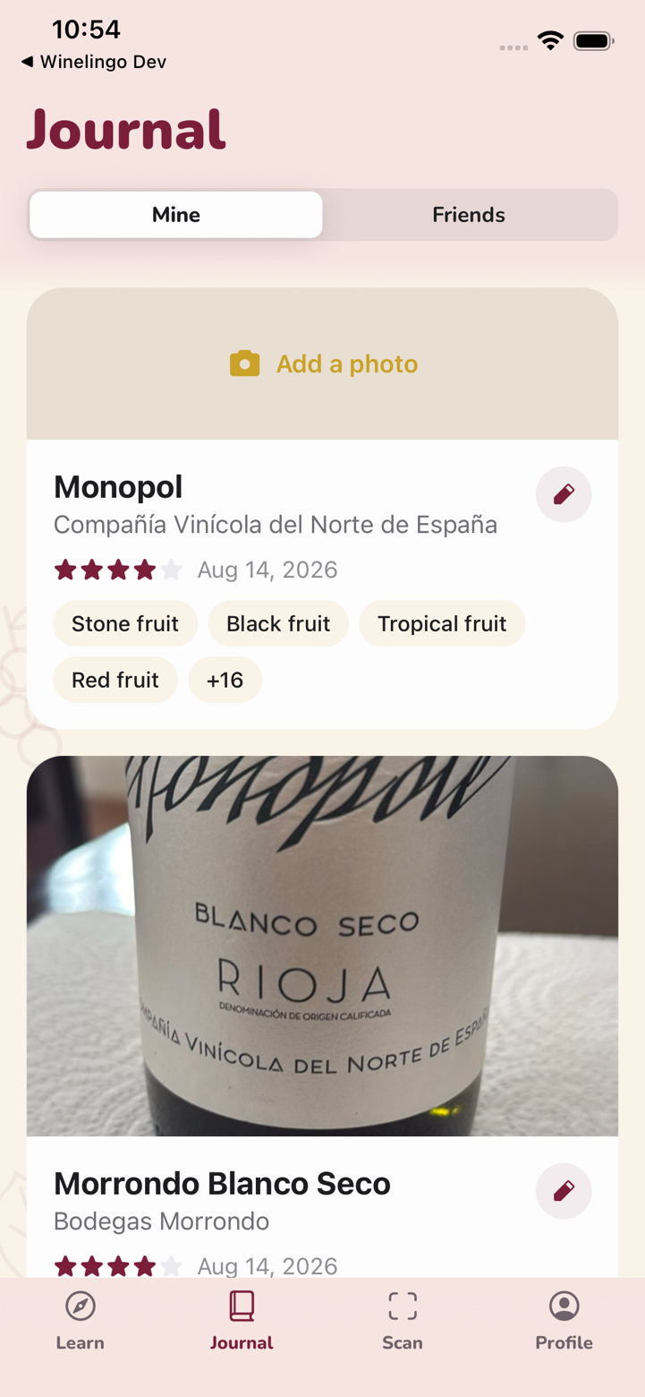 Winelingo journal with a scanned Rioja and its tasting notes